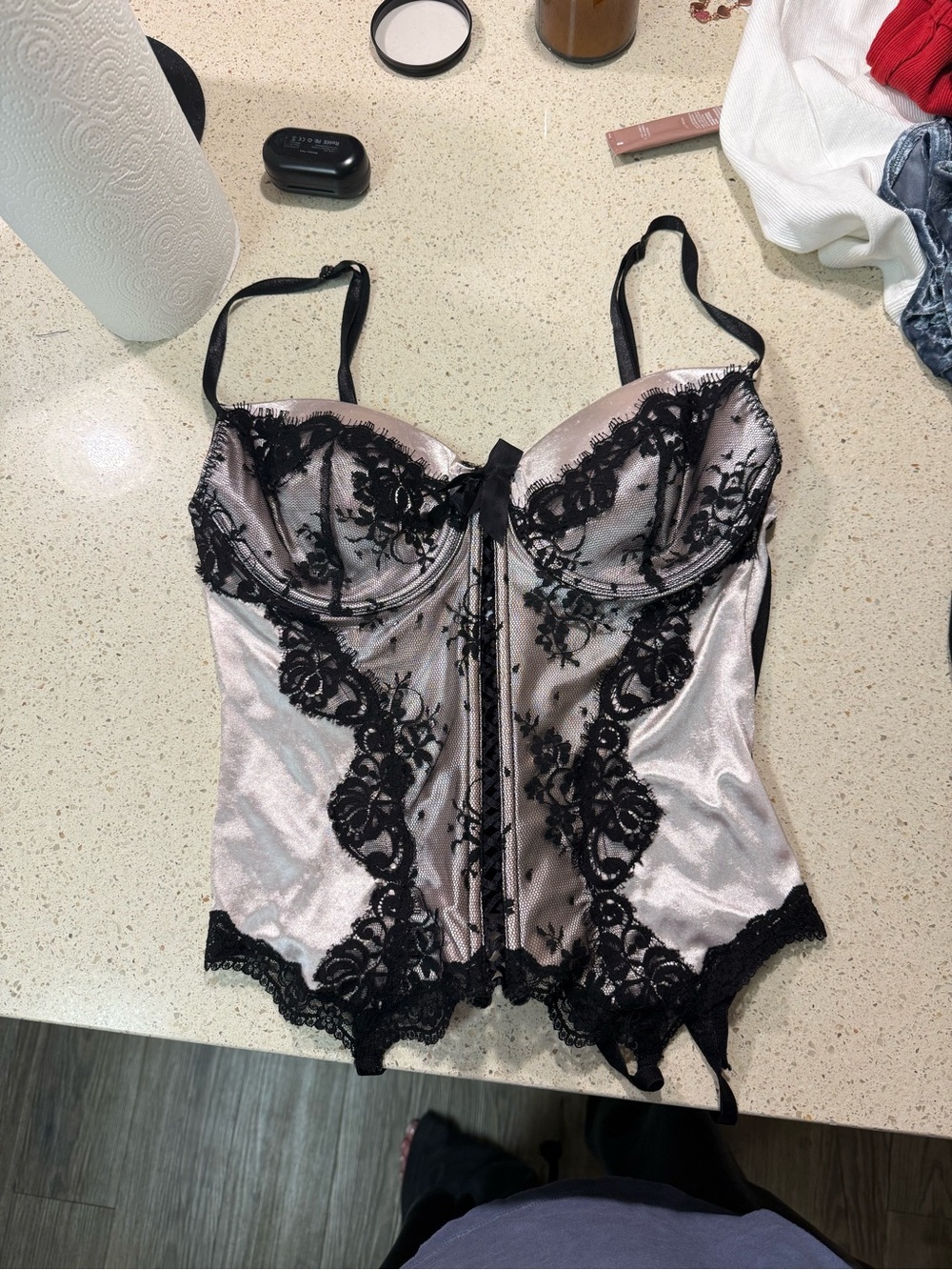 delicates Black & Blush Satin Lace Bustier
